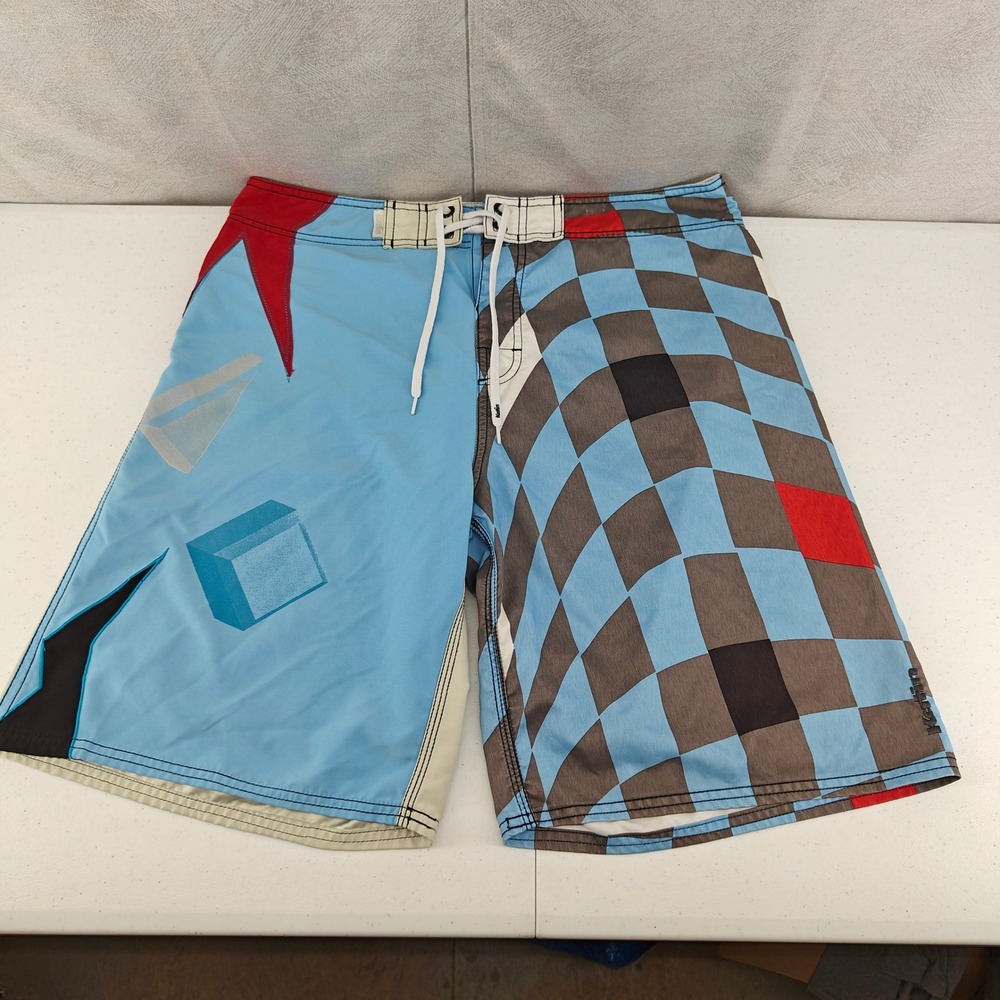 Katin Board Shorts Mens 33 Blue Checker Geometric Y2K Surf Swim Trunks Beachwear